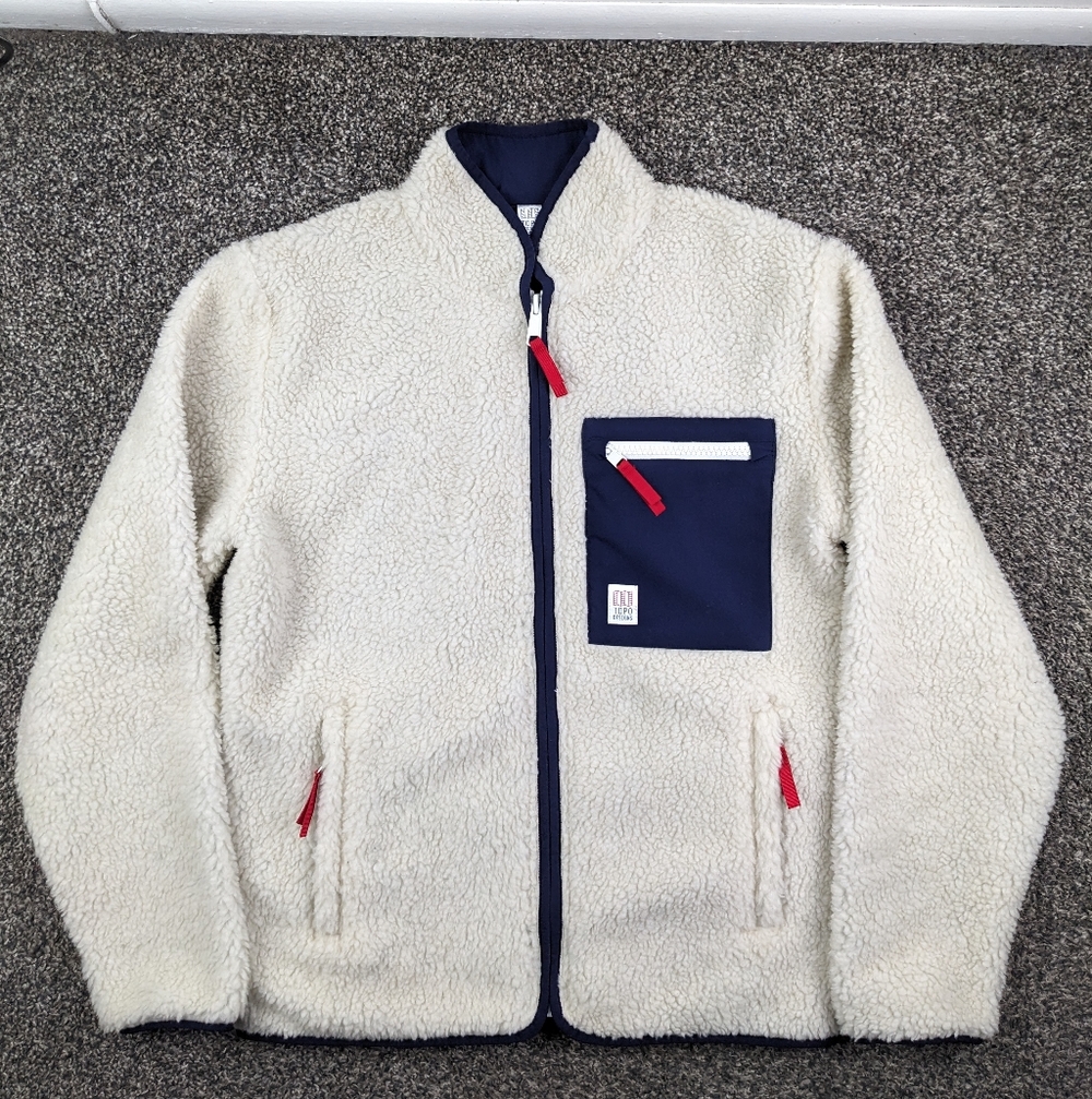 Topo Designs Jacket Reversible Sherpa Fleece Full Zip Ivory Off White Mens Small